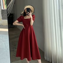 178FT GUOGE红色连衣裙女2022夏装新款方领法式复古气质泡泡袖订婚裙