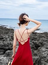 70三亚海边度假连衣裙红色性感露背沙滩裙女夏雪纺吊带胸垫长裙超仙