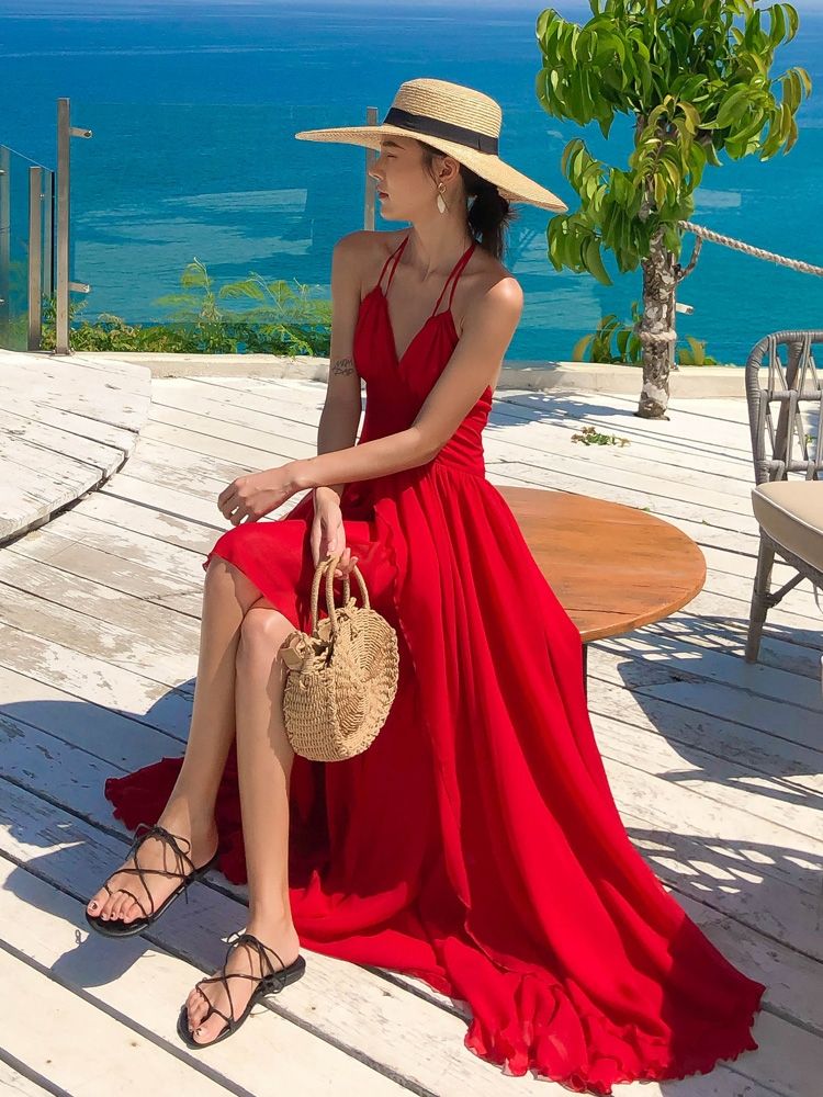 露背沙滩裙吊带超仙红色连衣裙三亚海边旅游拍照度假长裙红裙女夏8图