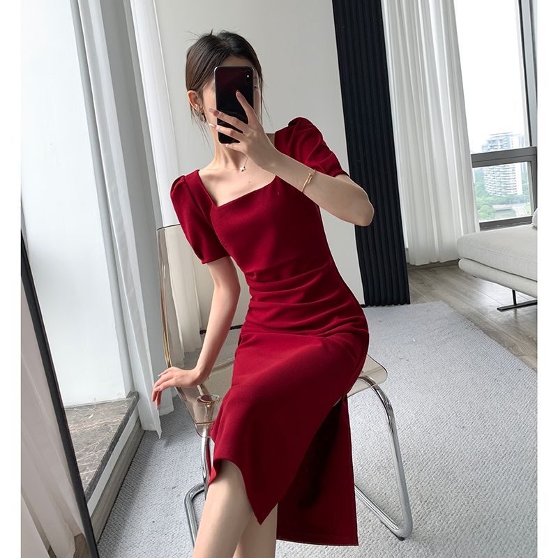 281FT GUOGE红色连衣裙女2022夏季新款方领高级感收腰显瘦法式订婚裙图