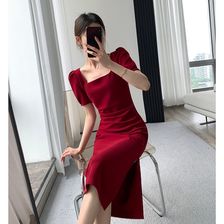 281FT GUOGE红色连衣裙女2022夏季新款方领高级感收腰显瘦法式订婚裙