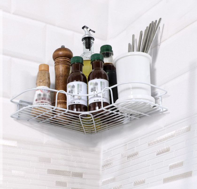 Kitchen and bathroom triangular storage rack without drilling holes Application Scenario