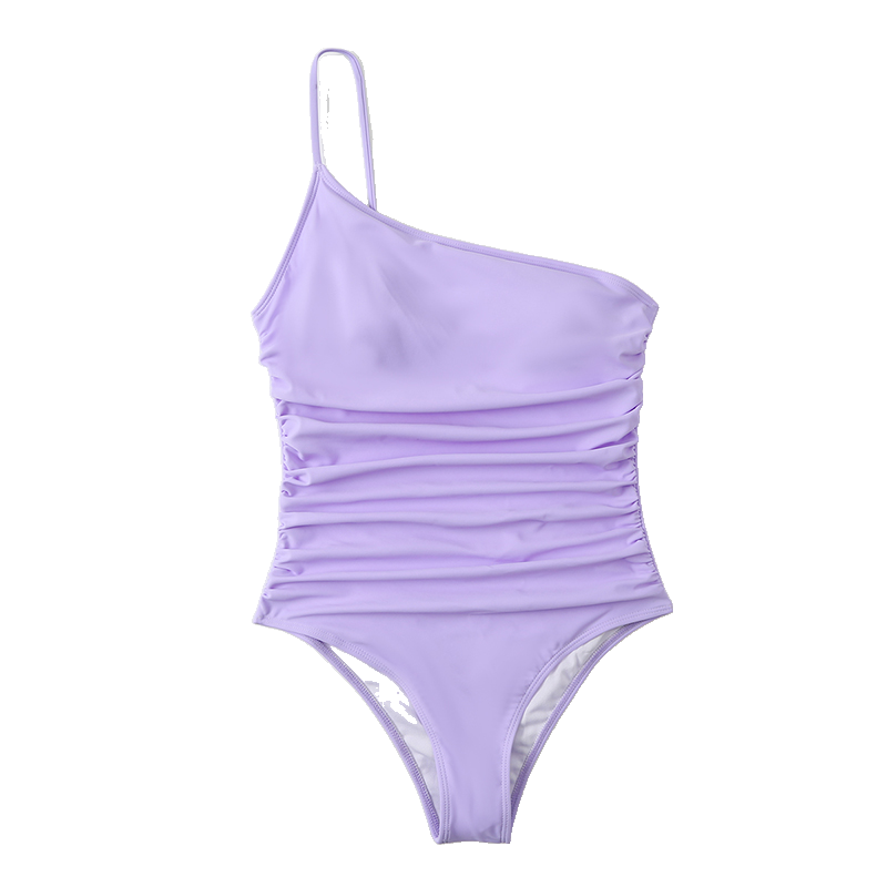 单肩纯色泳衣/bikini/欧美比基尼白底实物图