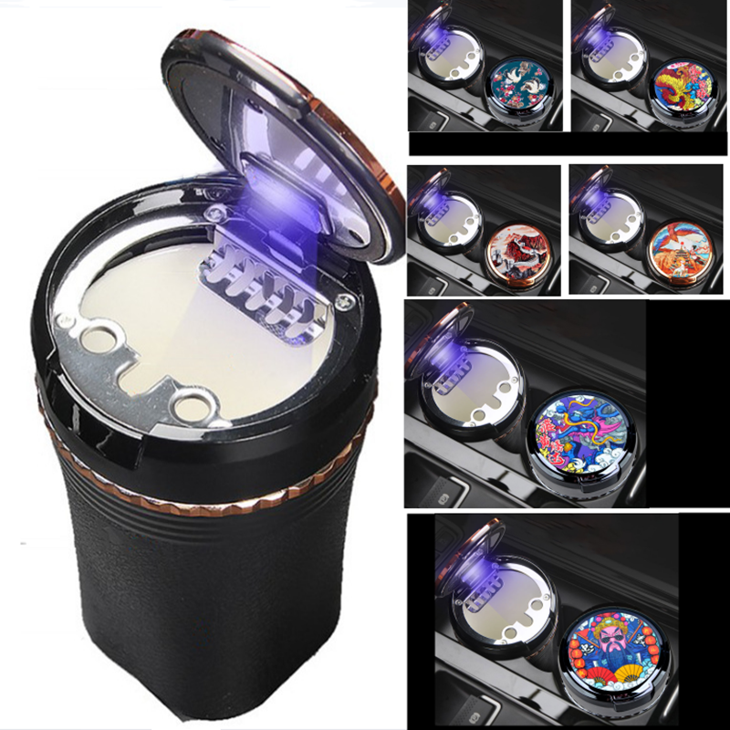 QW233, a universal car ashtray with LED light, flip-top ceramic inner liner and painted creative ashtray