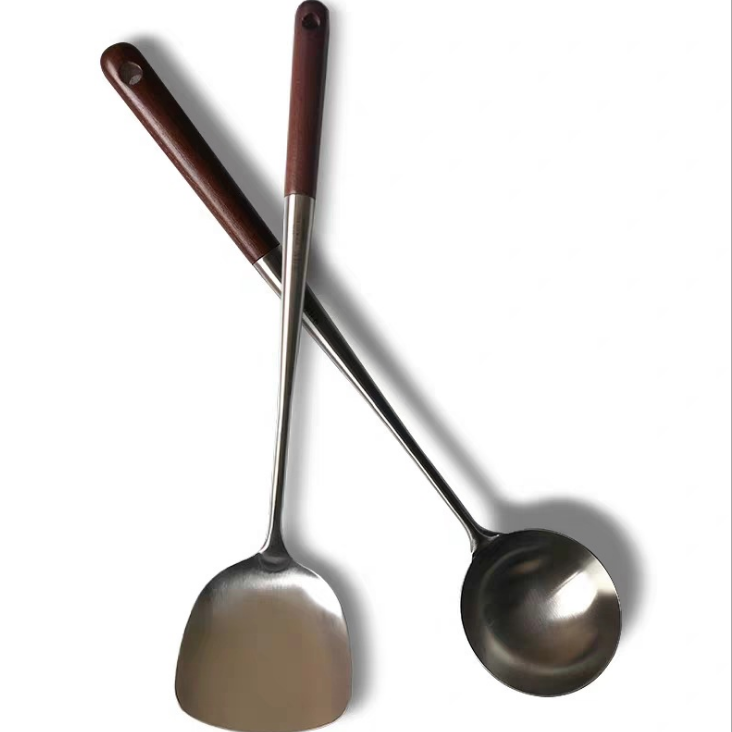 304鸿运木锅铲加长锅勺炒铲炒勺 厨房家用木柄不锈钢厨具烹饪用品