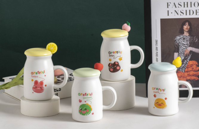 Ceramic mug with lid, spoon, household high appearance level drinking cup, cartoon breakfast milk coffee cup, large capacity details Picture