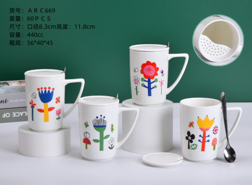 Ceramic mugs with flower patterns, covered spoons, and mugs for male and female students to use for breakfast and drinking water at school Specification image