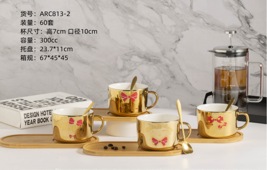 Ceramic coffee cup and saucer set, gold-plated mugs, home cups, Nordic minimalist milk cups, afternoon tea cups Specification image