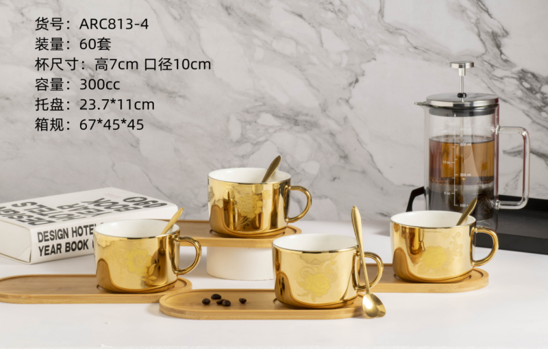 Ceramic coffee cup and saucer set, gold-plated mugs, home cups, Nordic minimalist milk cups, afternoon tea cups detail image 5