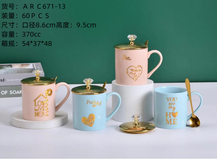 Cute ceramic mugs with covered spoons. Male and female students go to school to drink water for breakfast