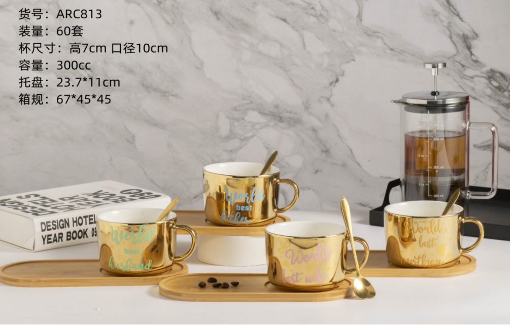 Ceramic coffee cup and saucer set, gold-plated mugs, home cups, Nordic minimalist milk cups, afternoon tea cups detail image 3