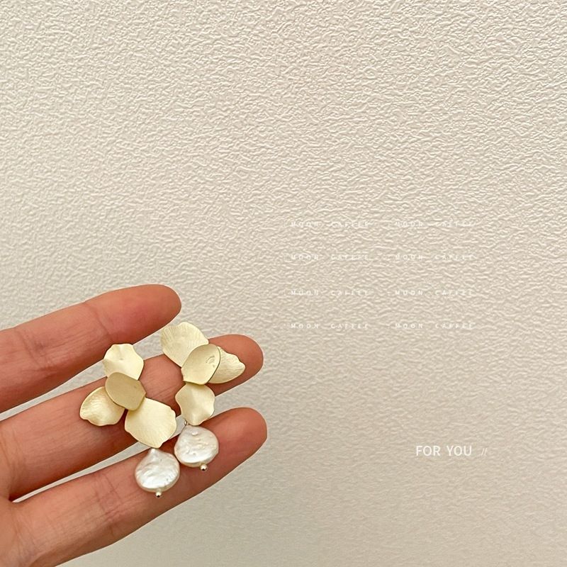 韩国925银针复古法式叶片流苏巴洛克珍珠耳环耳钉超仙小众森系ins