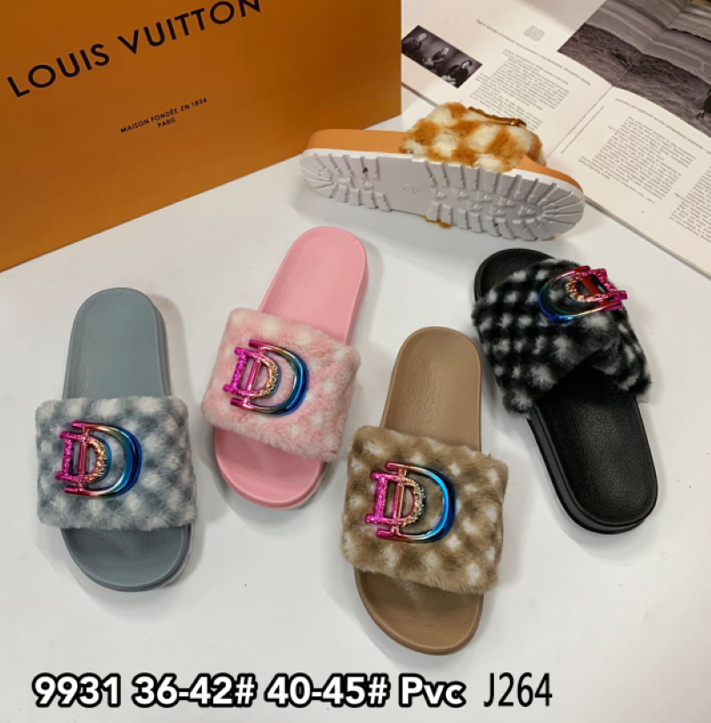厂家批发新款网红露趾格纹毛毛拖女平底防滑居家软底厚底一字棉拖可来样定制