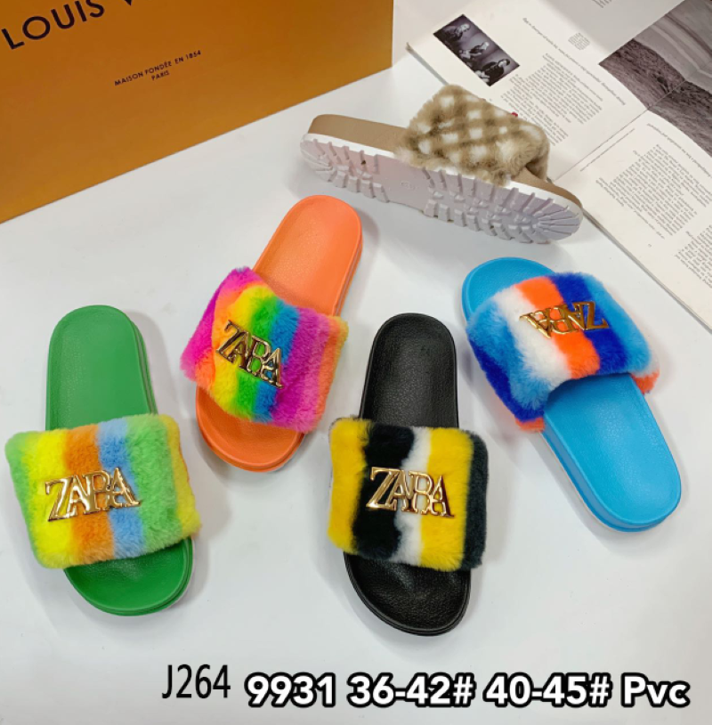 跨境夏季欧美新款休闲时尚彩色毛毛平底凉拖鞋女外穿slippers