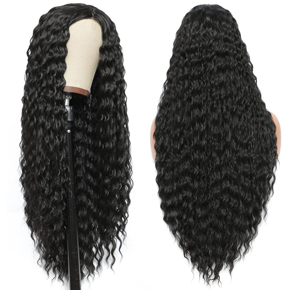 28-inch African women's long black curly natural wave synthetic wig, Halloween role-playing party high-temperature fiber wig details Picture