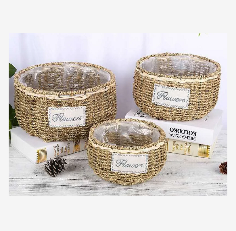 Direct sales from the flowerpot manufacturer: Hand-woven straw, rattan and willow succulent flowerpots for home gardening. Wholesale of straw and green ivy flower baskets. Three sets of flowerpots Specification image
