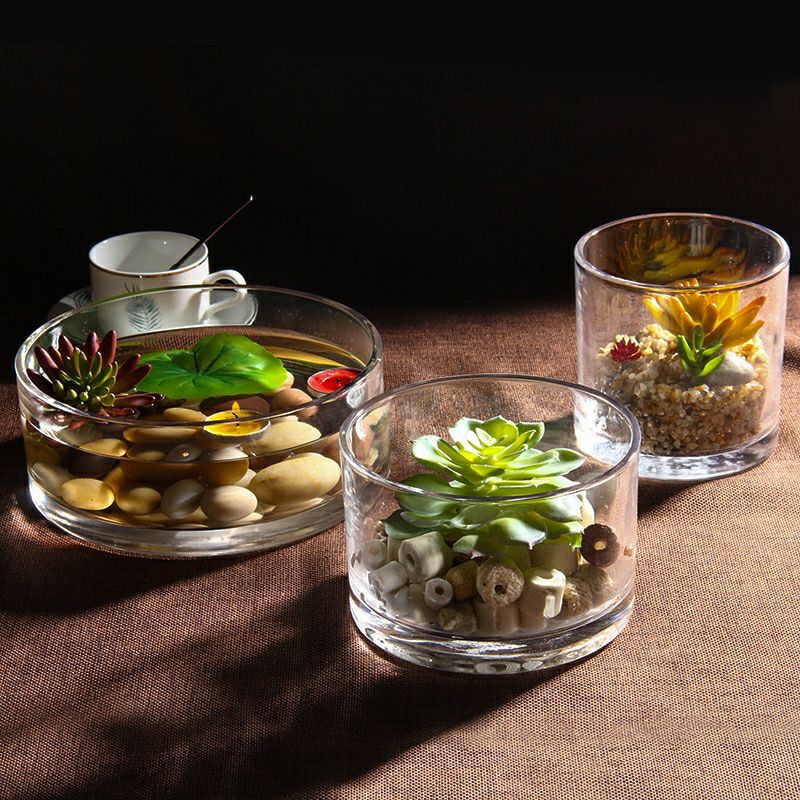 加厚圆形玻璃花瓶透明水培多肉植物矮花盆桌面简约北欧装饰居家尺寸齐全