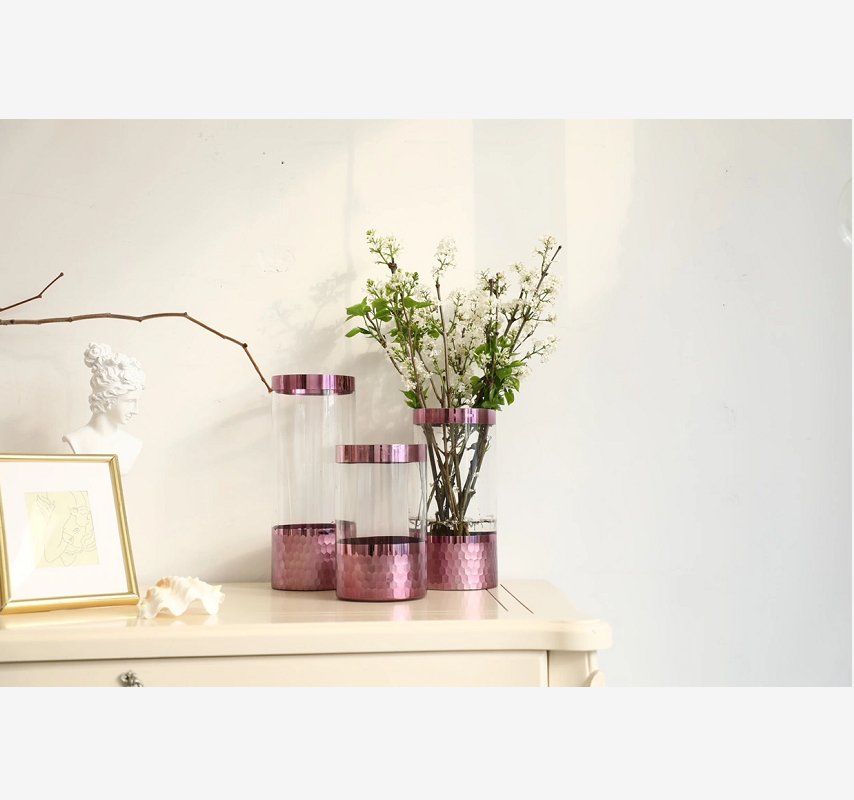 Straight-tube glass vase, golden and purple European-style polished straight-tube glass vase, lucky bamboo hydroponic flower arrangement, home soft decoration, light luxury display item Specification image