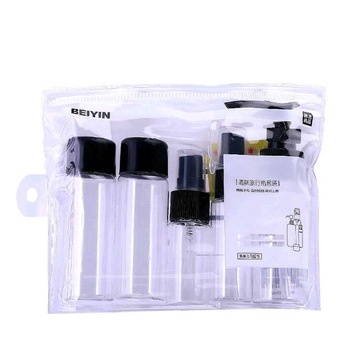Travel portioning bottle set, portable press bottle, spray bottle, round cap bottle