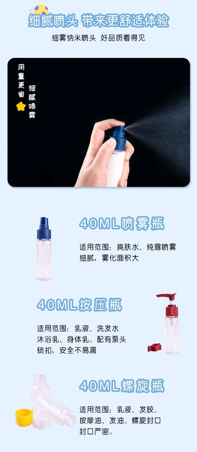 Bagged travel portioning set bottles, portable color portioning storage bottles, sample portioning bottles, spray bottles, lotion bottles detail image 3