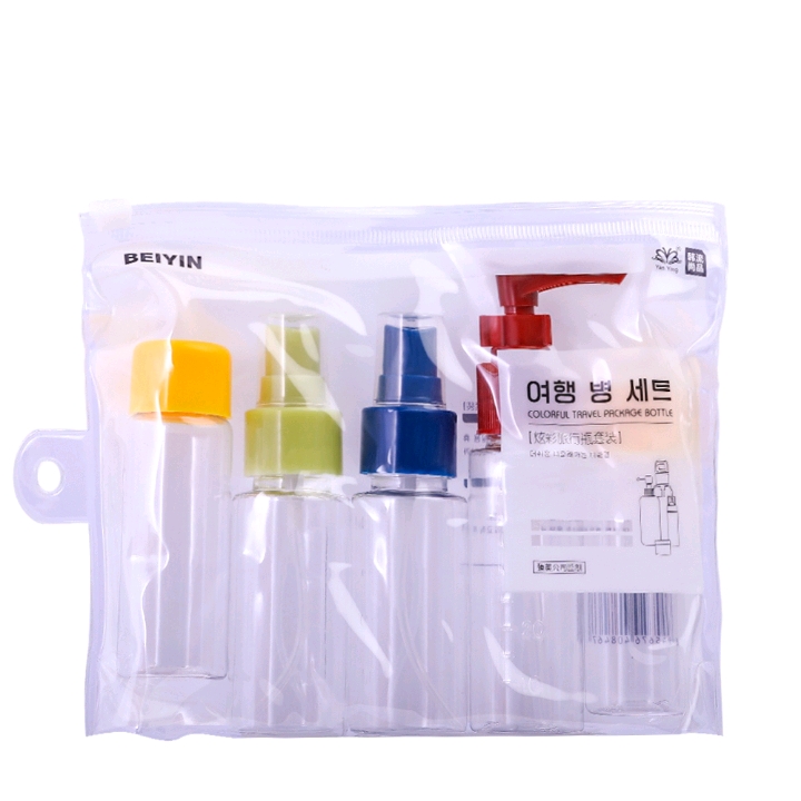Bagged travel portioning set bottles, portable color portioning storage bottles, sample portioning bottles, spray bottles, lotion bottles