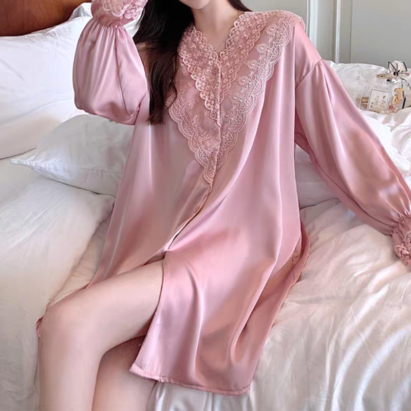 Dreamy red and pink long-sleeved nightgown, ice silk lace, white sweet and pure shirt, pajamas for ladies details Picture