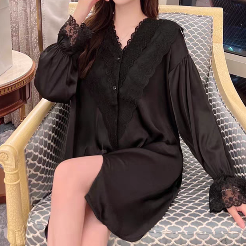 Dreamy red and pink long-sleeved nightgown, ice silk lace, white sweet and pure shirt, pajamas for ladies Item Picture