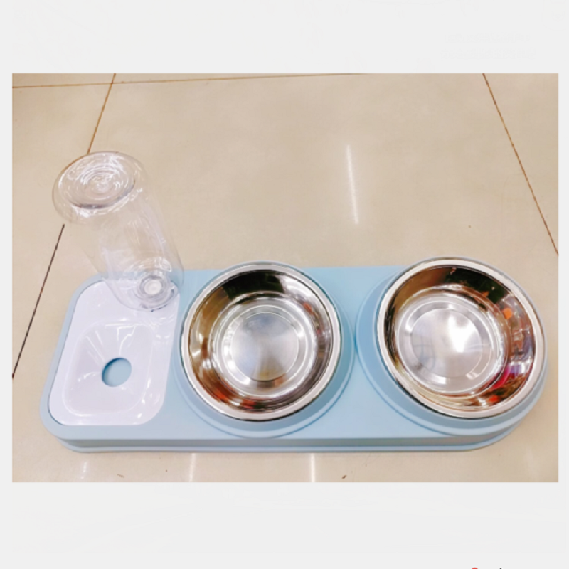 厂家直销宠物喂食碗 双碗护颈饮水喂食两用盆 （2个不锈钢碗+水瓶+彩盒）