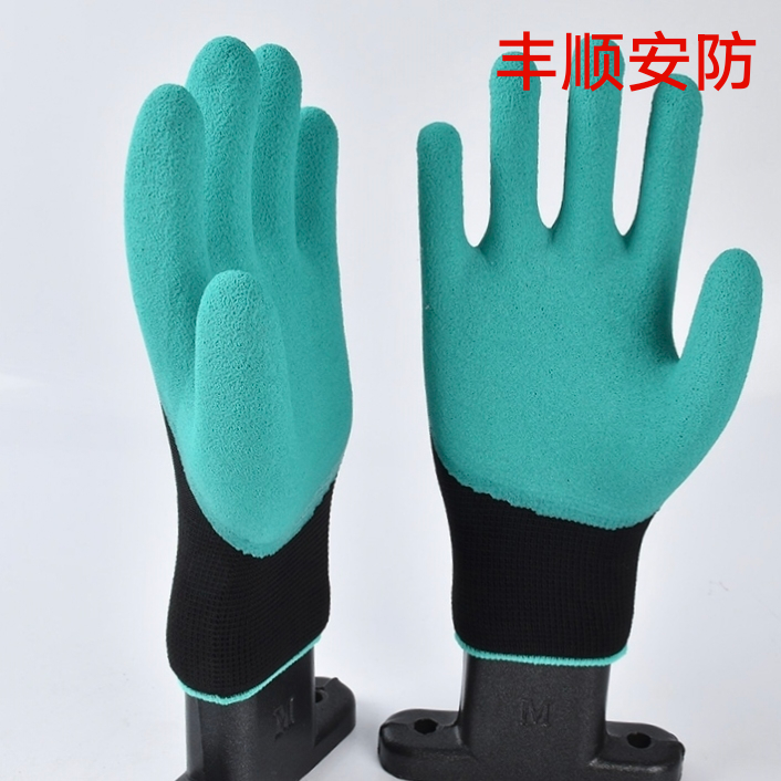 工地园林乳胶纱线手套黑纱绿十三针发泡半挂手套详情图3