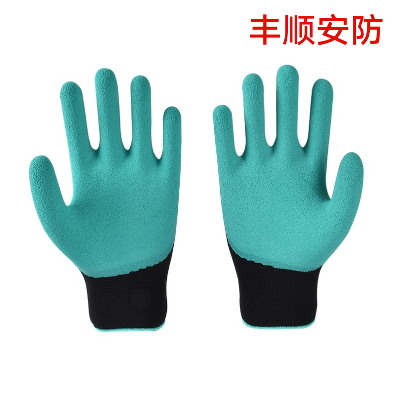 工地园林乳胶纱线手套黑纱绿十三针发泡半挂手套详情图2