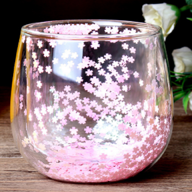 日式浪漫花朵双层玻璃杯高硼硅耐高温水杯清新可爱果汁杯牛奶杯图